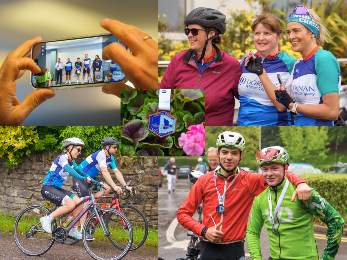 Dornan employees, clients, family, friends, and members of the community taking part in the Sean Kelly Charity Cycle, smiling, cycling and having a great day