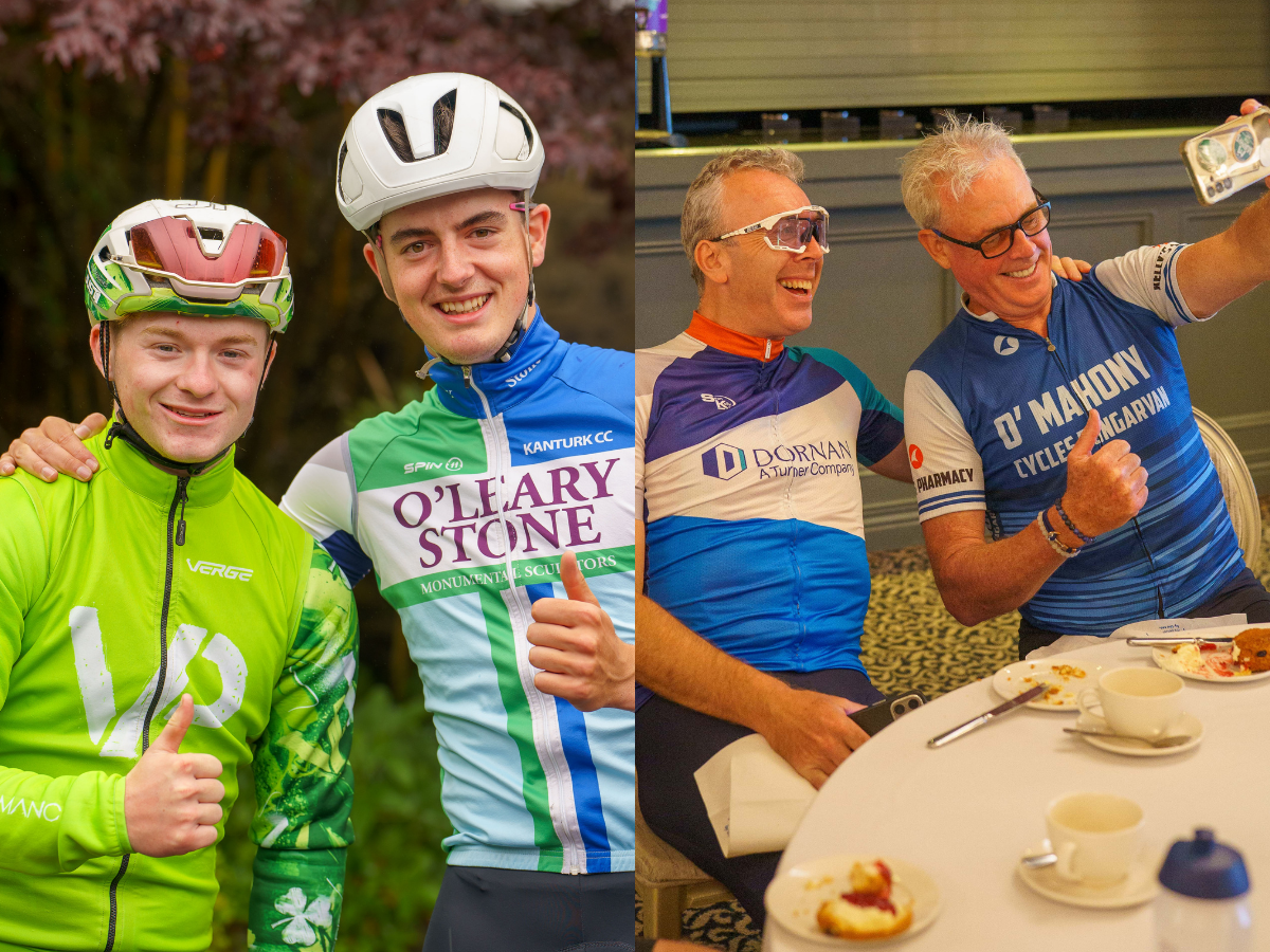 Velo Preformance team, sponsored by Dornan photo'd with Dornan employees and clients featuring Barry Meehan, race director for the event